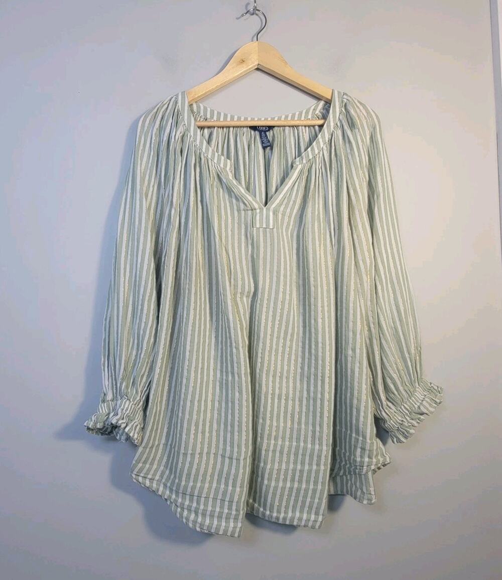 Chaps Womens 2X Popover Striped Metallic Top Blouse Green